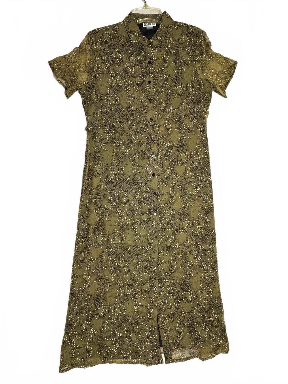 Robbie Bee Silk Shirt Dress Women’s 10 Brown Gold Print Button Front Midi
